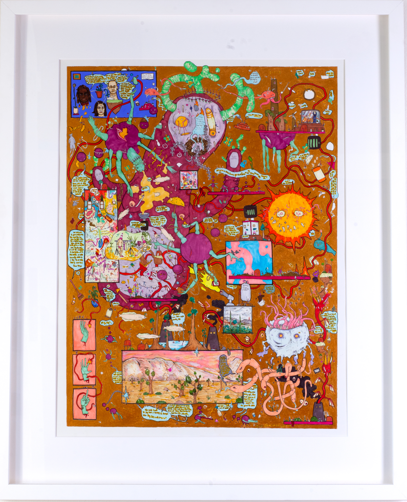 The Language Eater (Purpleman) ink, gouache, acrylic, watercolor, and rhinestone on paper, 20x24 inches