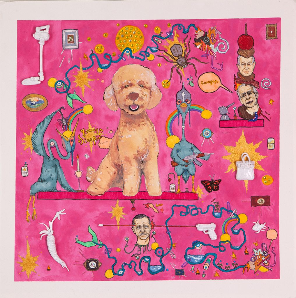 Hani Cube. Ink, gouache, polymer clay, enamel, rhinestone on paper mounted to wood panel. 15x15 inches