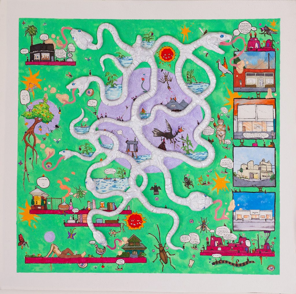 The Hungry Snake.   Ink, gouache, polymer clay, enamel, rhinestone on paper mounted to wood panel. 15x15 inches