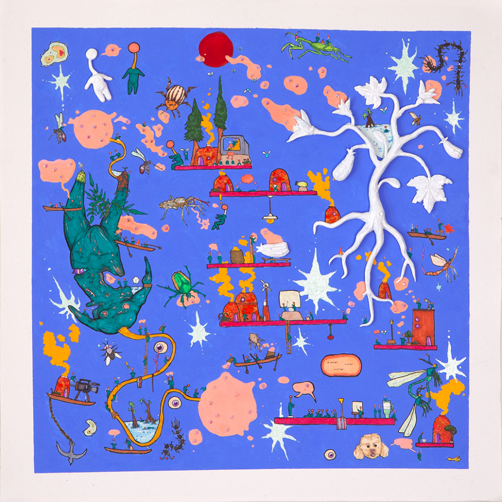 The Squash Gardeners. 

Ink, gouache, polymer clay, enamel, rhinestone on paper. 15x15 inches