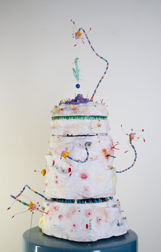 Mountain Story (part 2). Modeling compound (sculpt-a-mold), foil, wire, wire mesh, polymer clay, rhinestone, acrylic, enamel, gouache, twigs, thread, essential oils diffuser. 30 inches tall, 12 inch diameter