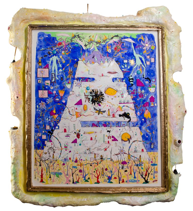 Wood, modeling compound (sculpt-a-mold), polymer clay ,rhinestone, acrylic, enamel, gouache, incense. 30x34 inches